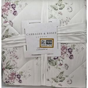 NEW Cabbages & Roses Constance Purple Pink Queen Comforter 3pc Set Cottage PEONY